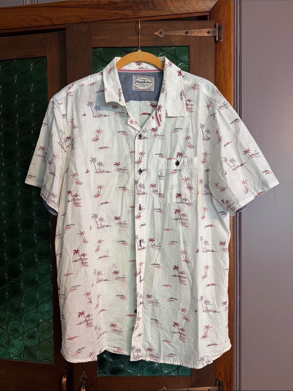 Lightweight White Palm-Print Short-Sleeve Button-Down Shirt